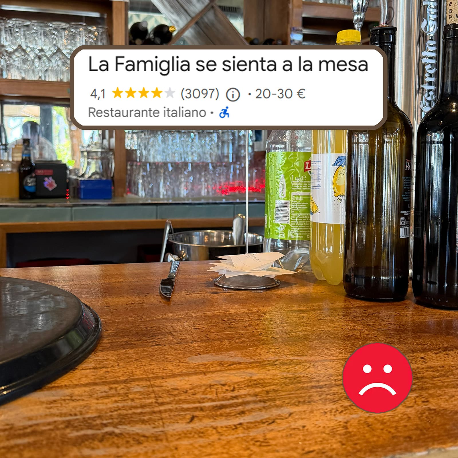 Antes: la barra del restaurante sin dispositivo y su ficha de Google con 4,1 estrellas y 3.097 reseñas