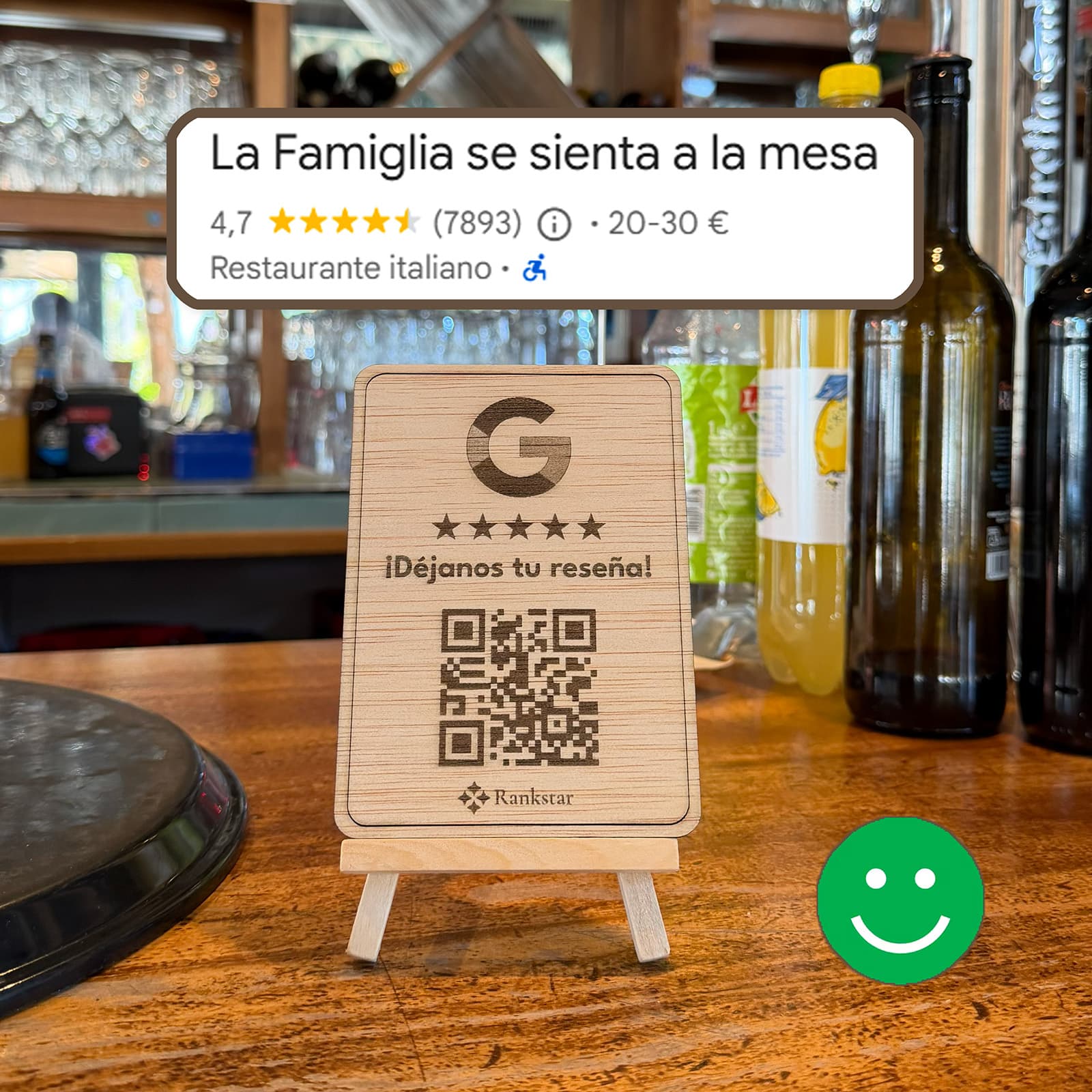 Después: el dispositivo Rankstar con código QR sobre la barra y la ficha de Google con 4,7 estrellas y 7.893 reseñas