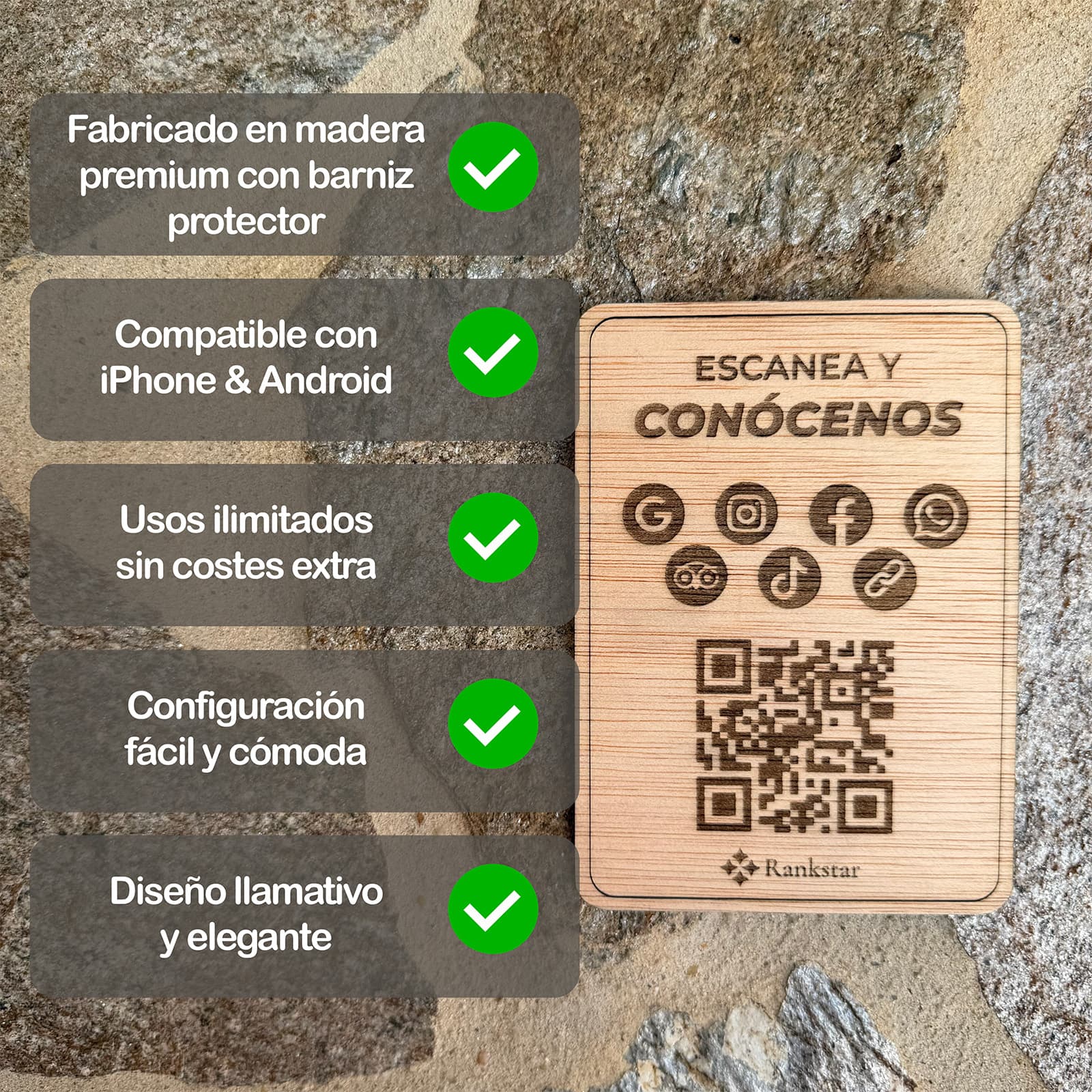La placa Rankstar Multilink sobre un muro de piedra, junto a sus ventajas: madera premium con barniz protector, compatible con iPhone y Android, usos ilimitados sin costes extra, configuración fácil y diseño elegante