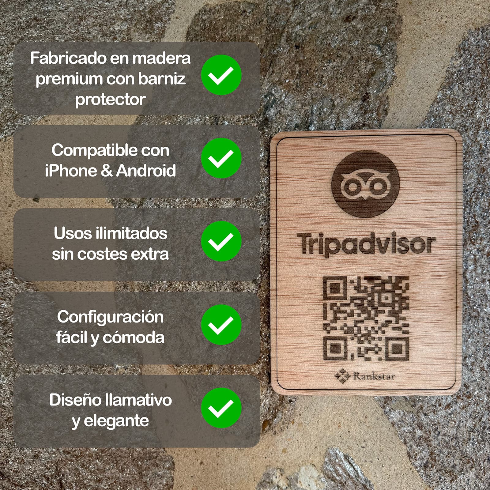 La placa Rankstar de Tripadvisor sobre un muro de piedra, junto a sus ventajas: madera premium con barniz protector, compatible con iPhone y Android, usos ilimitados sin costes extra, configuración fácil y diseño elegante