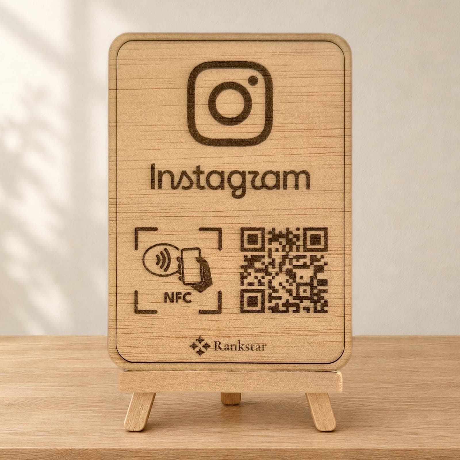 Expositor Rankstar de madera sobre su caballete, con el logo de Instagram, el símbolo NFC y el QR grabados a láser, sobre una mesa de madera clara junto a una pared con sombras de hojas