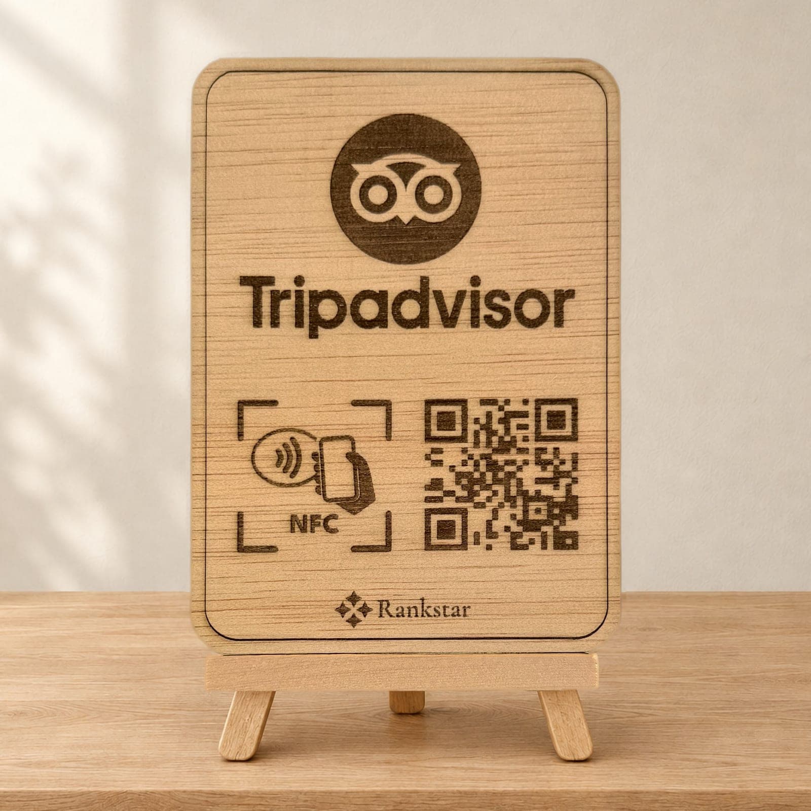 Expositor Rankstar de madera sobre su caballete, con el logo de Tripadvisor, el símbolo NFC y el QR grabados a láser, sobre una mesa de madera clara junto a una pared con sombras de hojas